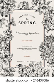 Vintage vector vertical card spring. Black and white blooming branches of lilac, peach, pear, pomegranate, apple tree.