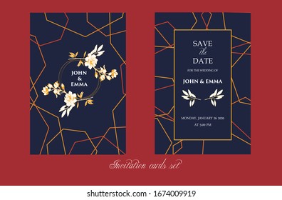 Vintage vector vertical cards set. Yellow and white blooming branches of peony, magnolia and laurel for wedding invitation with templates.