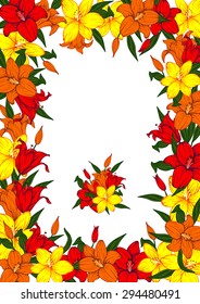 Vintage vector vertical invitation card. Colorful blooming lilies.