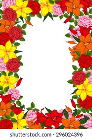 Vintage vector vertical invitation card. Colorful blooming flowers of lilies and roses.