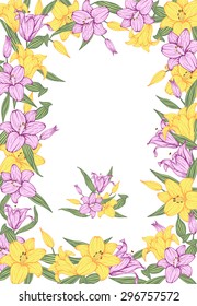 Vintage vector vertical invitation card. Colorful blooming lilies.