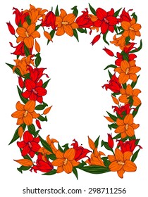 Vintage vector vertical invitation card. Colorful blooming lilies.