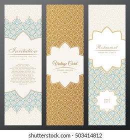 Vintage vector vertical luxury cards. Islamic set of decorative labels in ethnic style. Oriental and frames with space for text. Floral banner with pattern, vintage template invitation