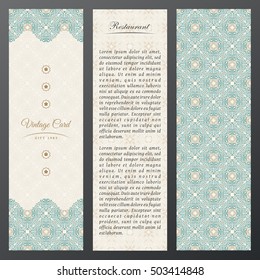 Tarjetas vectoriales vintage verticales de lujo. Conjunto islámico de etiquetas decorativas de estilo étnico. Orientales y marcos con espacio para el texto. Banner floral con patrón, invitación de plantilla vintage