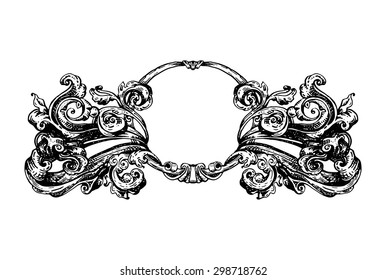 Vintage vector vignette with Renaissance ancient ornament, hand drawn swirls decoration in old engraving style, copy space emblem