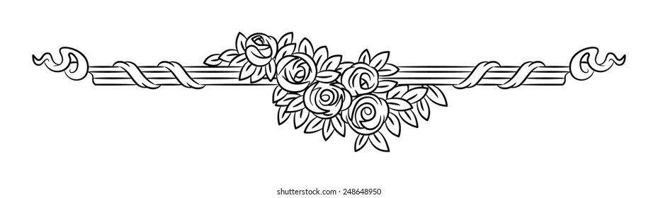 Vintage vector vignette with rose flowers, outline elegant border