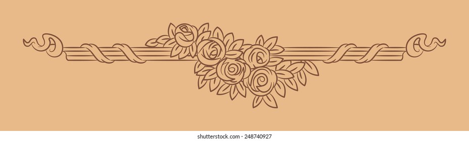 Vintage vector vignette with rose flowers, elegant border and page decoration, outline illustration