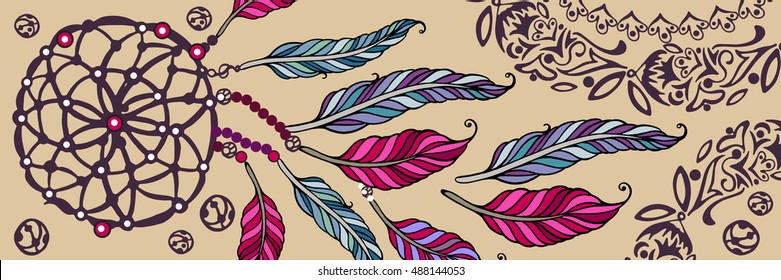 Vintage vector web banner-boho. Design elements for your site, internet shop. Digital bohemian background.Ethnic illustration, tribal amulet. American Indians traditional symbol. Indian Dream catcher.