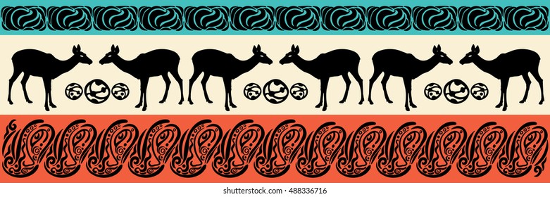 Vintage vector web banner-boho. Design elements for your site, internet shop. Digital bohemian background.Ethnic illustration, tribal pattern. Deer female silhouette. Colorful border.