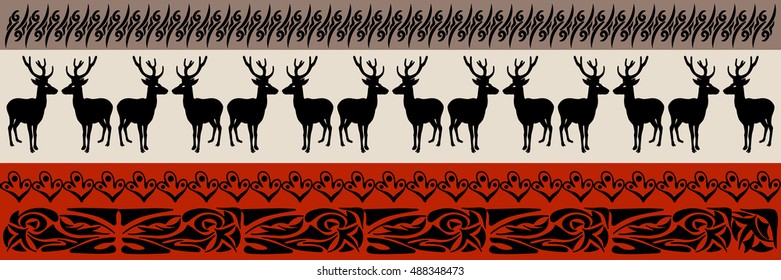 Vintage vector web banner-boho. Design elements for your site, internet shop. Digital bohemian background.Ethnic illustration, tribal pattern. Deer silhouette. Colorful border.