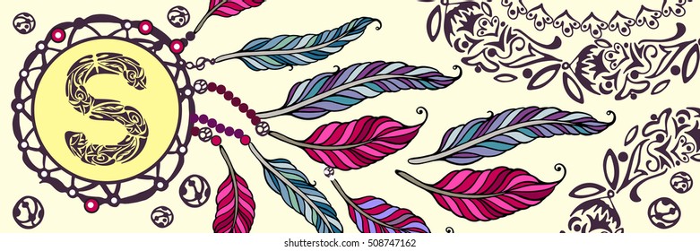 Vintage vector web banner-boho. Design elements for your site, internet shop. Digital bohemian background.Ethnic illustration, tribal amulet. American Indians traditional symbol. Indian Dream catcher.