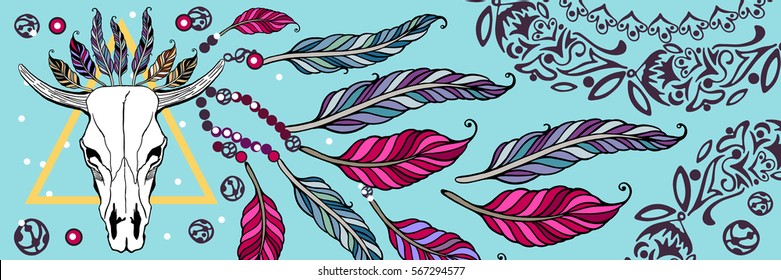 Vintage vector web banner-boho. Design elements for your site, internet shop. Digital bohemian background.Ethnic illustration, tribal amulet. Hand drawn cow skull.Indian Dream catcher.