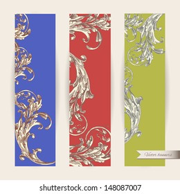 Vintage vector web banners -- baroque engraving floral scroll filigree design.  Design elements for your site, internet shop. Digital scrapbook elements.