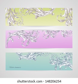 Vintage vector web banners -- baroque engraving floral scroll filigree design. Design elements for your site, internet shop. Digital scrapbook elements.