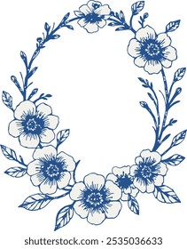 Vintage vector wedding blue floral wreath frame. Perfect for invitations, greeting cards and decorations. With hand drawn elegant flowers and twigs.