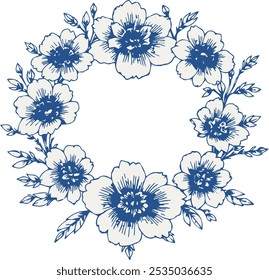 Vintage vector wedding blue floral wreath frame. Perfect for invitations, greeting cards and decorations. With hand drawn elegant flowers and twigs.