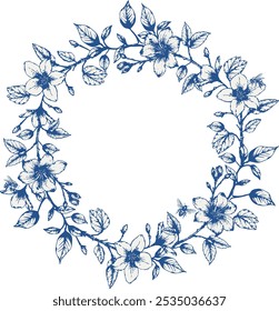 Vintage vector wedding blue floral wreath frame. Perfect for invitations, greeting cards and decorations. With hand drawn elegant flowers and twigs.