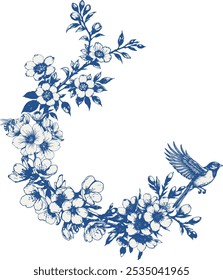 Vintage vector wedding blue floral wreath frame. Perfect for invitations, greeting cards and decorations. With hand drawn elegant flowers, bird, bee and twigs.