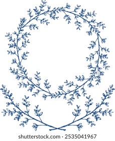 Vintage vector wedding blue floral wreath frame. Perfect for invitations, greeting cards and decorations. With hand drawn elegant twigs.