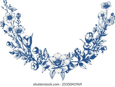 Vintage vector wedding blue floral wreath frame. Perfect for invitations, greeting cards and decorations. With hand drawn elegant flowers and twigs and butterflies.