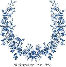 Vintage vector wedding blue floral wreath frame. Perfect for invitations, greeting cards and decorations. With hand drawn elegant flowers, twigs, bee and  birds.