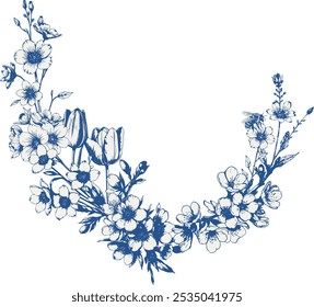 Vintage vetor casamento azul floral wreath quadro. Perfeito para convites, cartões de felicitações e decorações. Com flores e galhos elegantes desenhados à mão e abelhão.