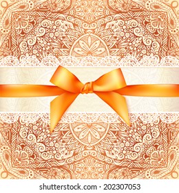 Vintage vector wedding card template with orange bow