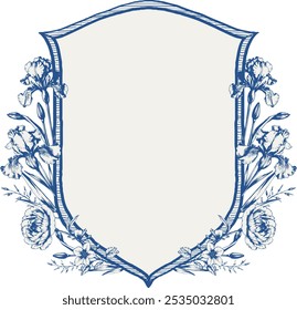 Vintage vector wedding floral blue crest frame. Perfect for invitations, greeting cards and decorations. With hand drawn elegant flowers and twigs.