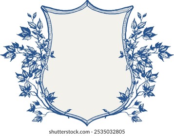 Vintage vector wedding floral blue crest frame. Perfect for invitations, greeting cards and decorations. With hand drawn elegant flowers and twigs.