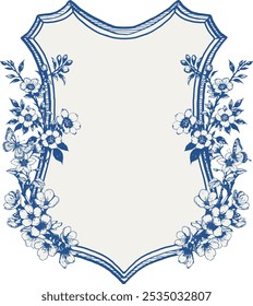 Vintage vector wedding floral blue crest frame. Perfect for invitations, greeting cards and decorations. With hand drawn elegant flowers and twigs.