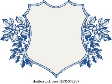 Vintage vector wedding floral blue crest frame. Perfect for invitations, greeting cards and decorations. With hand drawn elegant flowers and twigs.