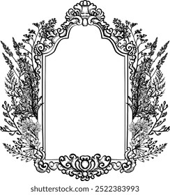 Vintage vector wedding floral crest frame. Perfect for invitations, greeting cards and decorations. With hand drawn elegant flowers and twigs.