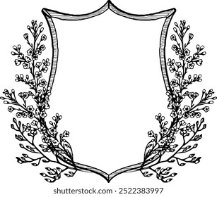 Vintage vector wedding floral crest frame. Perfect for invitations, greeting cards and decorations. With hand drawn elegant flowers and twigs.