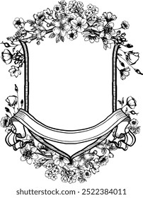 Vintage vector wedding floral crest frame. Perfect for invitations, greeting cards and decorations. With hand drawn elegant flowers and twigs.