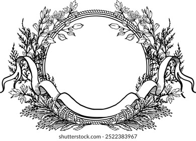 Vintage vector wedding floral oval crest frame. Perfect for invitations, greeting cards and decorations. With hand drawn elegant flowers and twigs.