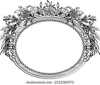 Vintage vector wedding floral oval crest frame. Perfect for invitations, greeting cards and decorations. With hand drawn elegant flowers and twigs.