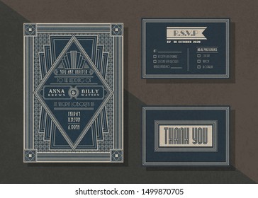 Vintage vector wedding invitation template set ,Art deco invitation style collection .