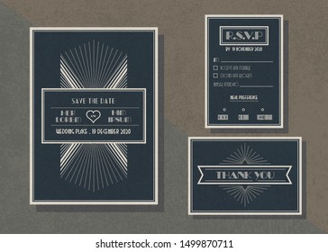 Vintage vector wedding invitation template set ,Art deco invitation style collection .
