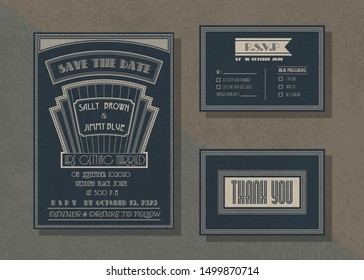 Vintage vector wedding invitation template set ,Art deco invitation style collection .