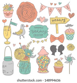 Vintage vector wedding set. Flowers, lovers, cupcakes, pigeons, cocktail, bouquet, candies and hearts in modern pastel colors. 