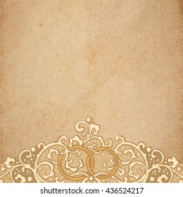 Vintage vector wedding stationery background with medieval ornament and rings