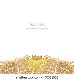Vintage vector wedding stationery background with medieval ornament, golden metallic paint heart and Cluddah irish hands
