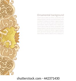 Vintage vector wedding stationery background with medieval ornament, golden metallic paint heart and Cluddah irish hands