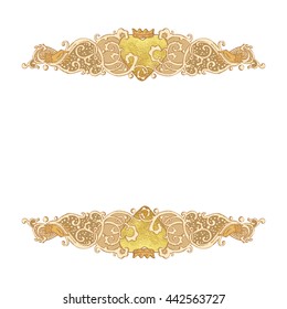 Vintage vector wedding stationery background with medieval ornament, golden metallic paint heart and Cluddah irish hands