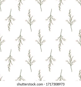 Vintage vector wedding template with branch with little pink flower. Seamless pattern on whitel background for decorative design, wrapping paper, fabric.