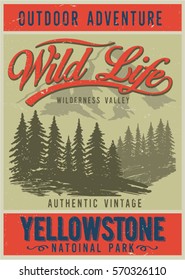 Vintage vector of wilderness and nature exploration with grunge textures.