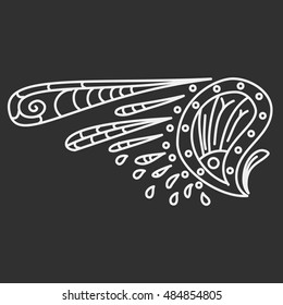 Vintage vector wing with tribal ornaments. Traditional ethnic background, tattoo, African, Indian, Thai, spirituality, boho design. For print, posters, t-shirts, textiles, coloring book.