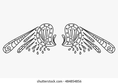 Vintage vector wing with tribal ornaments. Traditional ethnic background, tattoo, African, Indian, Thai, spirituality, boho design. For print, posters, t-shirts, textiles, coloring book.