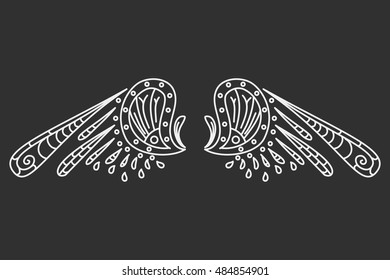 Vintage vector wing with tribal ornaments. Traditional ethnic background, tattoo, African, Indian, Thai, spirituality, boho design. For print, posters, t-shirts, textiles, coloring book.