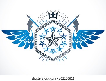 Vintage vector winged design element. Retro style label created using imperial crown and pentagonal stars